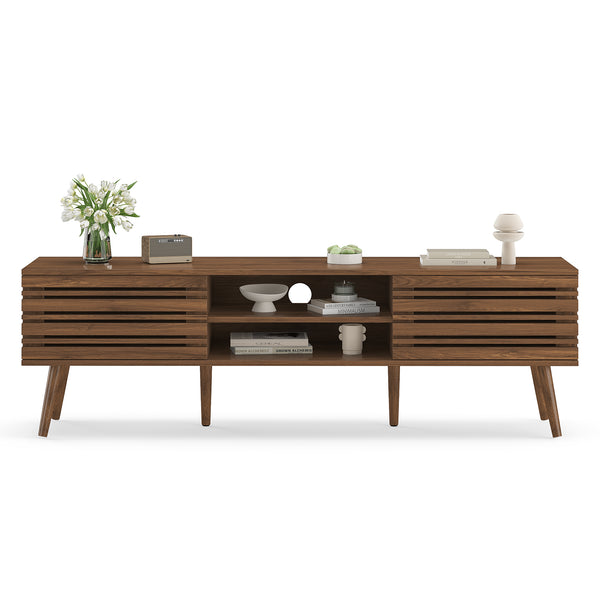 English Elm Mid Century Modern Fluted Wood Media Console with Storage Cabinets for Living Room Natural Walnut T3623P435373