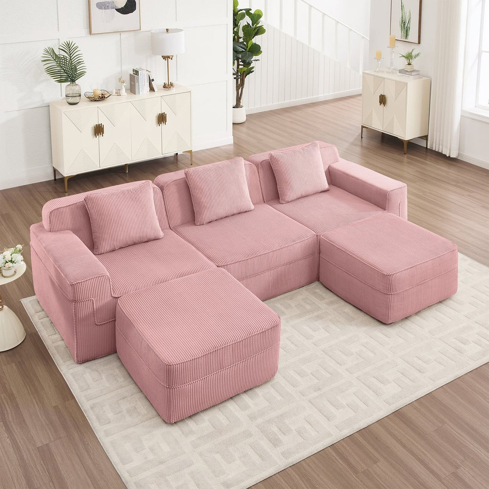 English Elm Modular 3-Seat U-Shape Sectional Sofa In Soft Pink Corduroy With Ottomans & Plush Throw Pillows W3041S00340