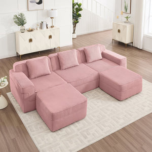 English Elm Modular 3-Seat U-Shape Sectional Sofa In Soft Pink Corduroy With Ottomans & Plush Throw Pillows W3041S00340