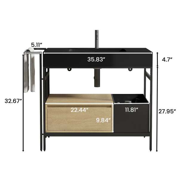 English Elm FORTE 36" Industrial Modular Bathroom Vanity with Durable Metal Frame, Quartz Basin, Soft-Close Drawer Black,Oak W1865S00175