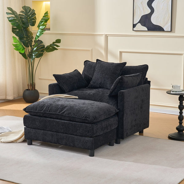 English Elm 39.4" Chenille Club Chair with Ottoman Solid Wood Frame for Living Room or Bedroom Black W3244P392667