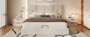 English Elm Queen Upholstered Storage Bed Gas Lift Platform with Gold Trim Pu Headboard N733S362241A