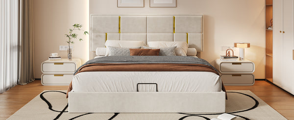 English Elm Queen Upholstered Storage Bed Gas Lift Platform with Gold Trim Pu Headboard N733S362241A