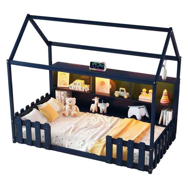 English Elm Twin House Bed with LED Light and Built-In Bookshelf, Solid Wood Playhouse Design for Kids Safety Navy Blue 78.15 L x 15.75 W x 6.1 H W2593P269090