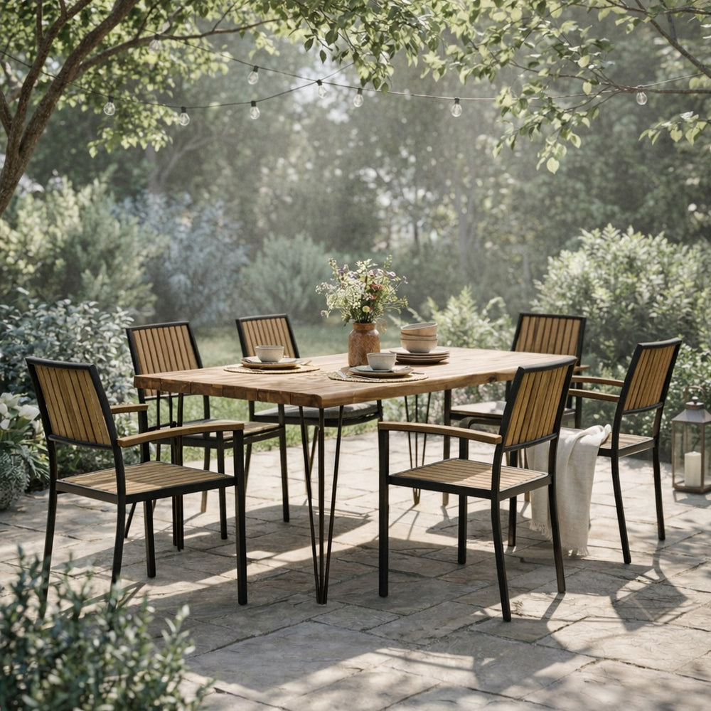 English Elm 7 Piece Outdoor Acacia Wood Dining Set Seats Six with Iron Hairpin Legs Patio N762S000031AAE