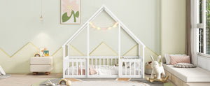 English Elm Twin Wood House-Shaped Floor Bed with Fence and Guardrails – Playful Pine Frame for Imaginative Kids Retreat White W504P143290