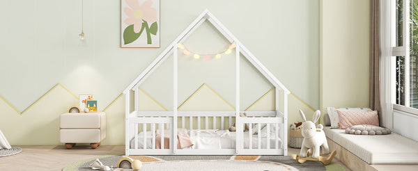 English Elm Twin Wood House-Shaped Floor Bed with Fence and Guardrails – Playful Pine Frame for Imaginative Kids Retreat White W504P143290