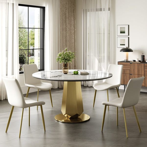 English Elm 53 Inch Round Smoked Glass Dining Table with Gold Steel Base Seats Eight W2700S00092