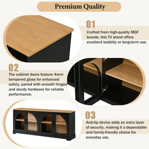 English Elm Farmhouse Media Console with Arched Glass Doors Wood Grain Two Tone Living Room Storage Black N721P411204B