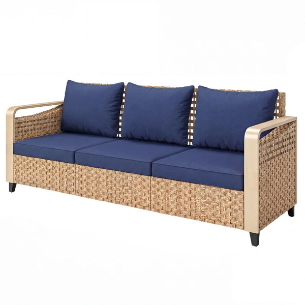 English Elm Backyard Pe Rattan 3-seat Outdoor Sofa with Powder-coated Frame for Patio Lounging Brown,Dark Blue T3971P476449