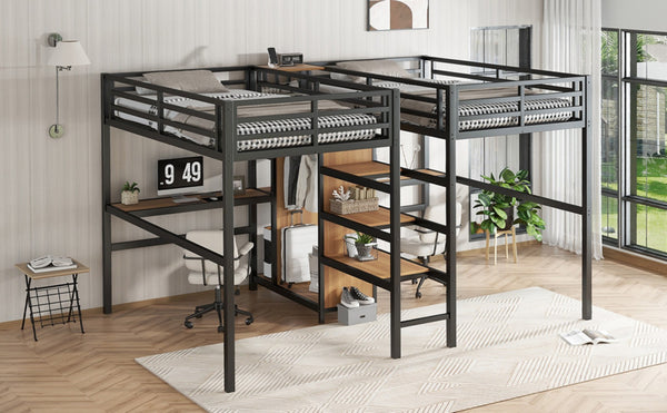 English Elm Twin Over Twin Metal Loft Bed With Double Desk, Wardrobe & Outlets For Ultimate Space Efficiency W1580S00115-GIGA