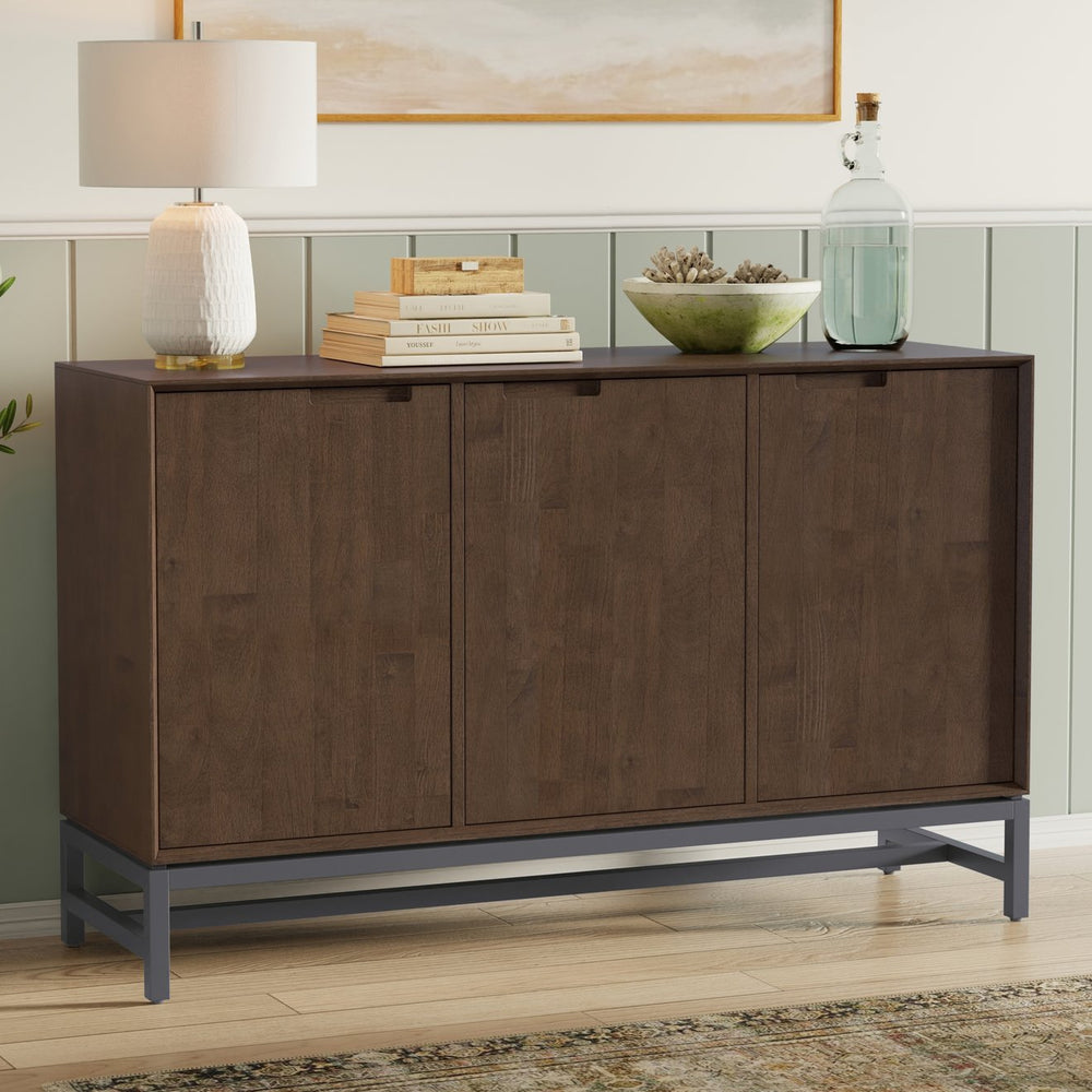 English Elm Banting Solid Wood Sideboard with Metal Frame Walnut Stain Three Door Dining Storage B136P439012