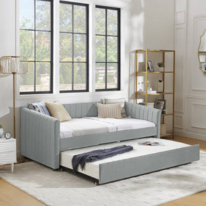 English Elm Twin Size Daybed With Trundle - Stylish Grey Linen Upholstered Sofa Bed With Vertical Stripes W1413S00089-GIGA