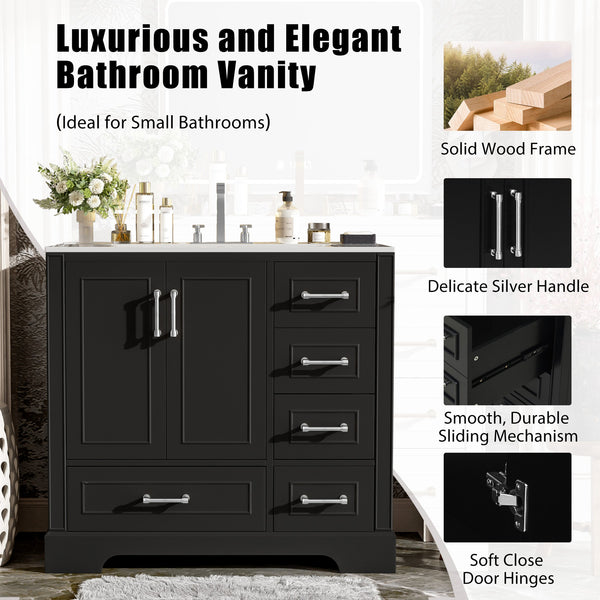 English Elm 36" Traditional Bathroom Vanity with Ceramic Sink, Solid Wood Cabinet, Soft-Close Doors & Drawers Black N729P251630B