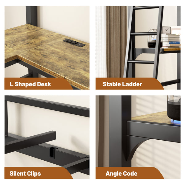 English Elm Twin Metal Loft Bed with L-Shaped Desk & USB Charging Station, Anti-Tip Guardrails, Sturdy Frame W2889P205074