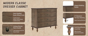 English Elm Large Antique Style 4-drawer Chest with Crown Molding Roman Legs Bedroom Storage Deep Rustic Brown W1445P422422