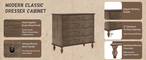 English Elm Large Antique Style 4-drawer Chest with Crown Molding Roman Legs Bedroom Storage Deep Rustic Brown W1445P422422