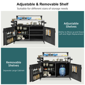 English Elm K&K 53.3" Outdoor Kitchen Island with 1.2" Stainless Top, Spacious Storage, Raised Shelf, Wheels Black N707P250628B