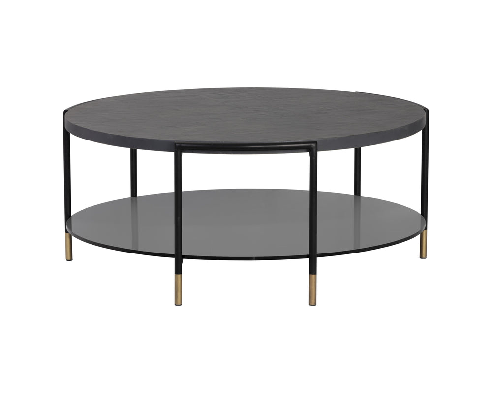 Sunpan Zuma Concrete Coffee Table with Black Glass Shelf & Gold Accents - Unique Artisan Crafted Design