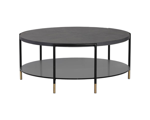 Sunpan Zuma Concrete Coffee Table with Black Glass Shelf & Gold Accents - Unique Artisan Crafted Design