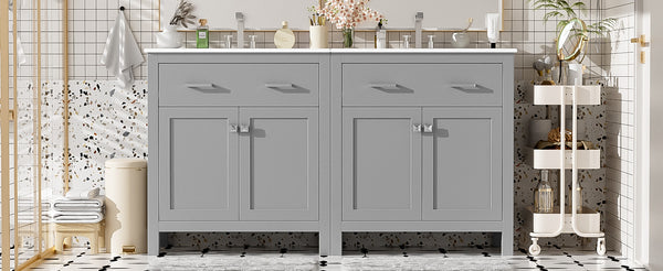 English Elm 60" Modern Bathroom Vanity Set with Double Ceramic Sinks, Soft-Close Doors, Flip Drawer & Storage Gray N729P000002E