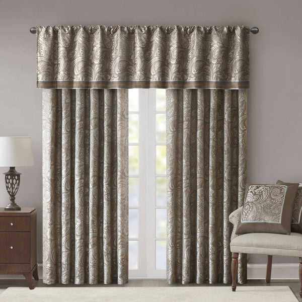 JLA Home Madison Park - Jacquard Aubrey Paisley Curtain Panels with Faux Silk, Gold Piping, OEKO-TEX Safety and Shimmer Blue/Brown WIN40-091