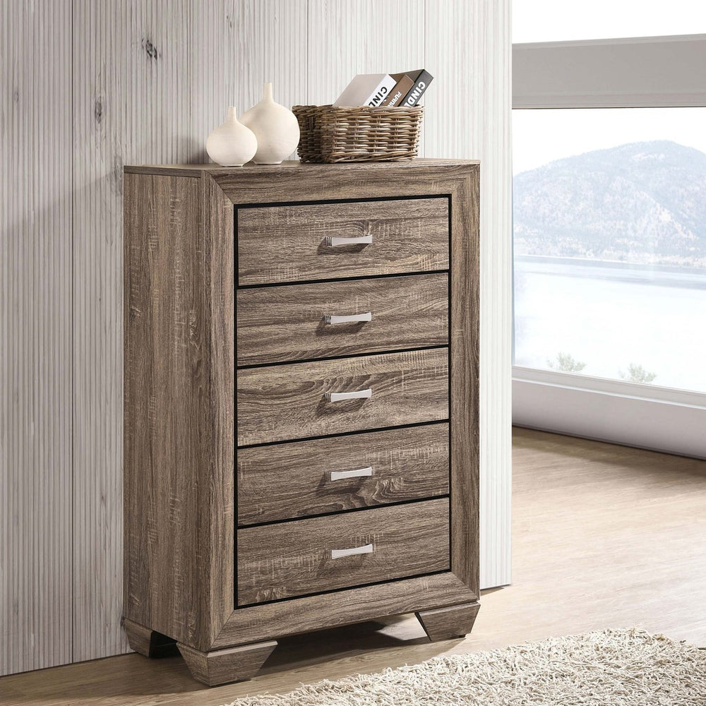 English Elm Harrison Washed Taupe 5-Drawer Chest with Soft Oak Grain, Slim Black Accents, Calm Clutter-Free Style B062P378454