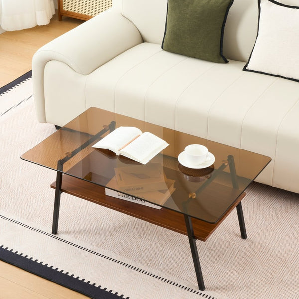 English Elm Rectangle Coffee Table – Modern Brown Tempered Glass With Sturdy Black Metal Legs For Living Rooms W241126036-GIGA