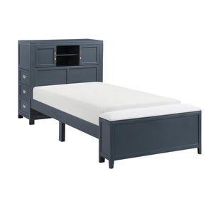 English Elm Gray Twin Platform Bed with Bookcase Headboard Hidden Desk Stool and Footboard Bench Navy Blue B011S02312