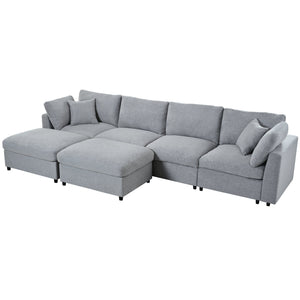 English Elm U_style Six Seat Chenille U Shaped Sectional Modular Sofa with Movable Ottomans Grey WY000474AAE