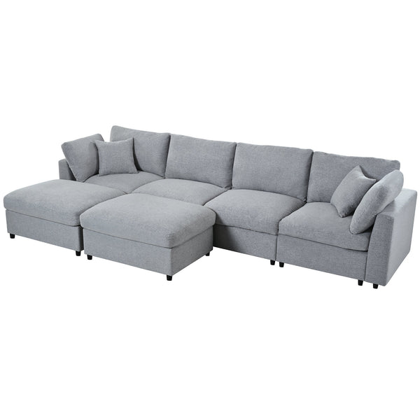 English Elm U_style Six Seat Chenille U Shaped Sectional Modular Sofa with Movable Ottomans Grey WY000474AAE