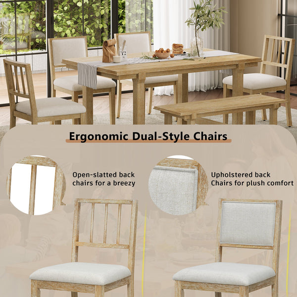 English Elm Trexm Farmhouse Dining Set Seats Six Oak Veneer Table Mixed Chairs Bench Included Beige,Natural Wood Wash ST000156AAE