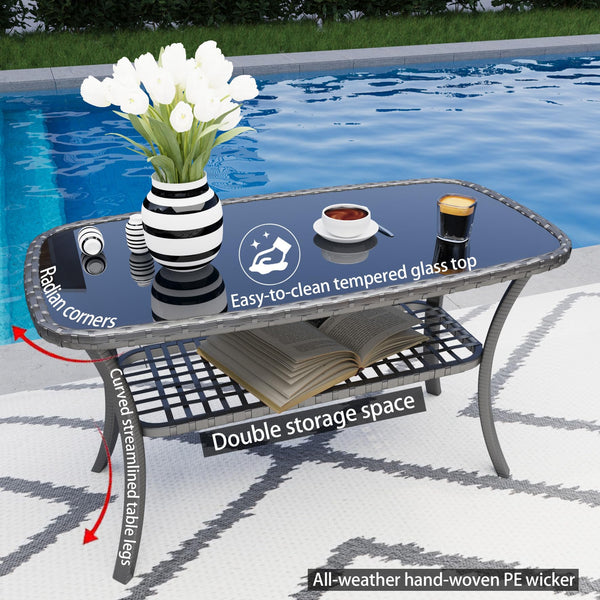 English Elm 4 Piece Outdoor Pe Rattan Wicker Conversation Set with Tempered Glass Coffee Table Blue W2071P296197