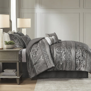English Elm 7 Bellagio Jacquard Comforter Set Queen with Luxe Leaf, Ironwork Motifs, Pleated Embroidered Pillows & Bedskirt Grey 23.62 L x 18.5 W x 13.78 H B03597023