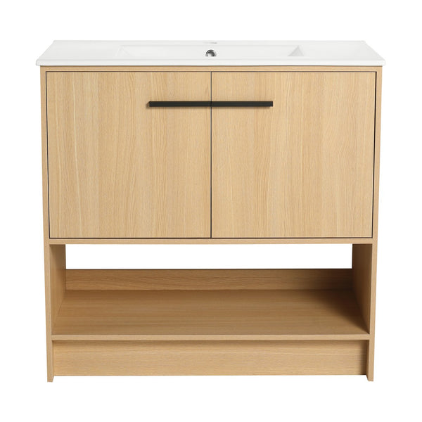 English Elm 36" Modern Bathroom Vanity With Ceramic Sink, Soft Closing Doors & Open Shelf For Stylish Storage W1972S00019