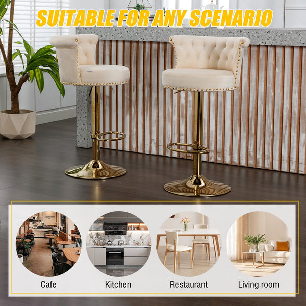 English Elm UNITED Velvet 360° Rotating Bar Chair with Diamond Stitching, Gold Frame, Plush Foam Seat, Adjustable Height Beige W1568P361715