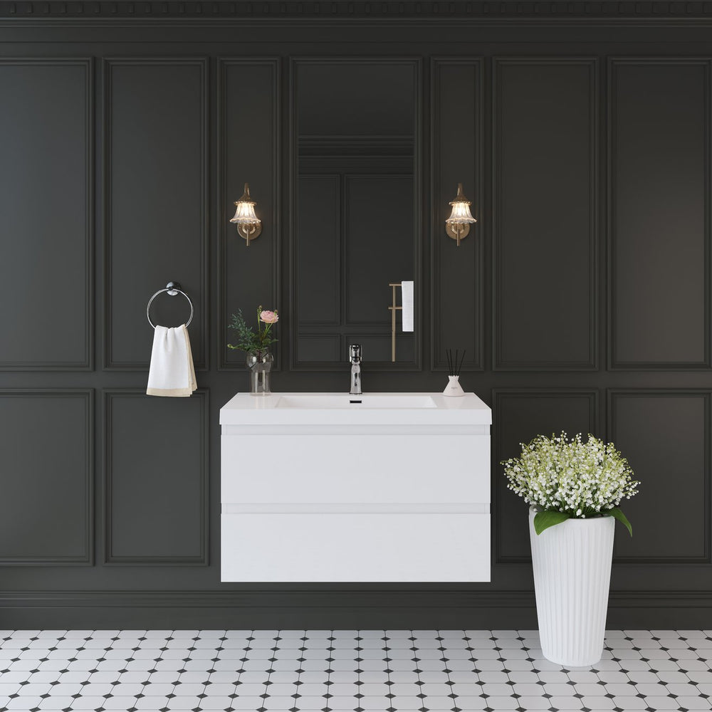 English Elm 36" Floating Wall Mounted Bathroom Vanity with Resin Basin and Soft Close Drawers W1573P152685