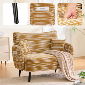 English Elm Modern tufted two-seater sofa with boucle upholstery, tapered legs, storage pockets and plush comfort for small spaces and offices Mustard yellow W395P376588