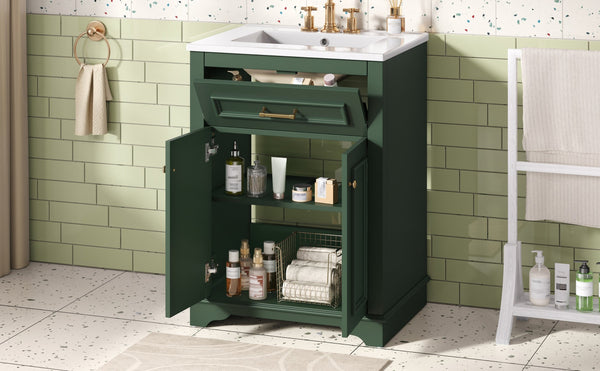 English Elm 24" Matte Single Sink Vanity Solid Poplar Frame Gold Hardware Soft Close Cabinet Green N710P389449F
