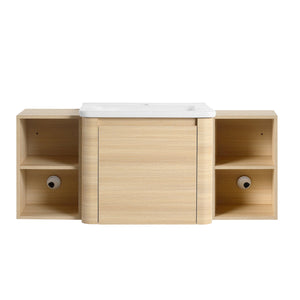English Elm 48'' Wall-Mounted Bathroom Vanity With Sleek White Sink, Open Shelves, Soft-Close Door & Modern Design W999S00485
