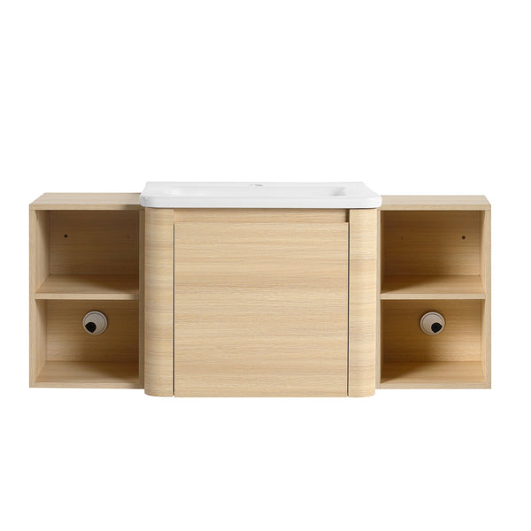 English Elm 48'' Wall-Mounted Bathroom Vanity With Sleek White Sink, Open Shelves, Soft-Close Door & Modern Design W999S00485