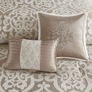 English Elm 8 Piece Jacquard Comforter Set - Luxurious Tan/Ivory Queen Ensemble With Elegant Medallion Design B035128885