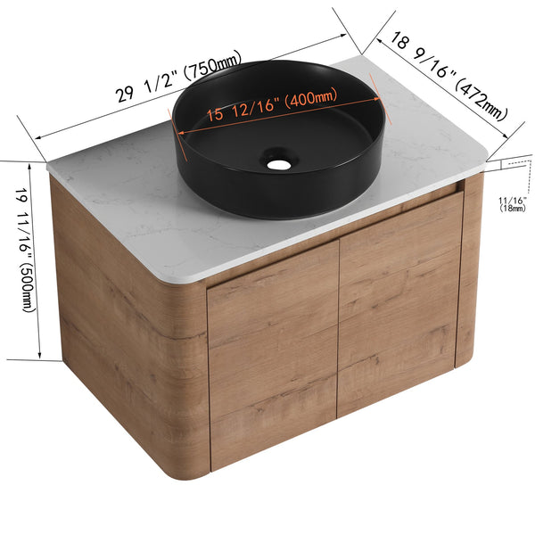 English Elm 30'' Wall-Mounted Bathroom Vanity With Ceramic Art Sink & Soft-Close Doors For Modern Style W999S00388