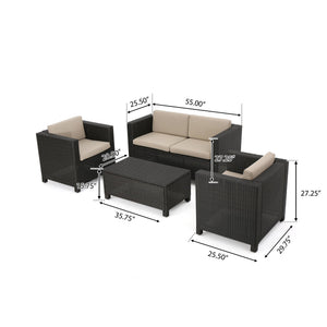 English Elm Puerta 4 Piece Outdoor Patio Set Pe Wicker Rattan with Iron Frame Cushioned Seating 52978.00DBRN