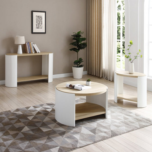 English Elm 3 Round Coffee Table Set 31" Nesting 2-Tier Rustic White & Natural MDF Top with Shelf, Modern Durable Design W1117S00104