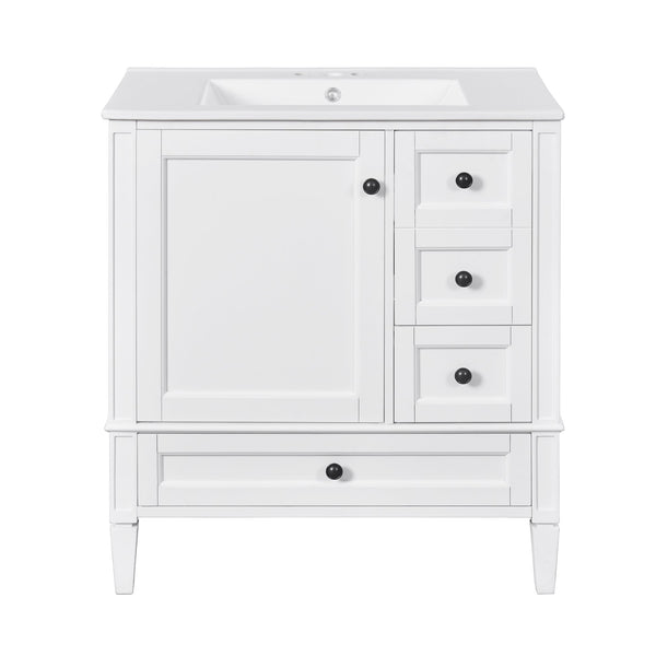English Elm 30 30 Inch Bathroom Vanity with Ceramic Sink, Modern Compact 3-Drawer Storage Cabinet for Small Baths White N710P247499K