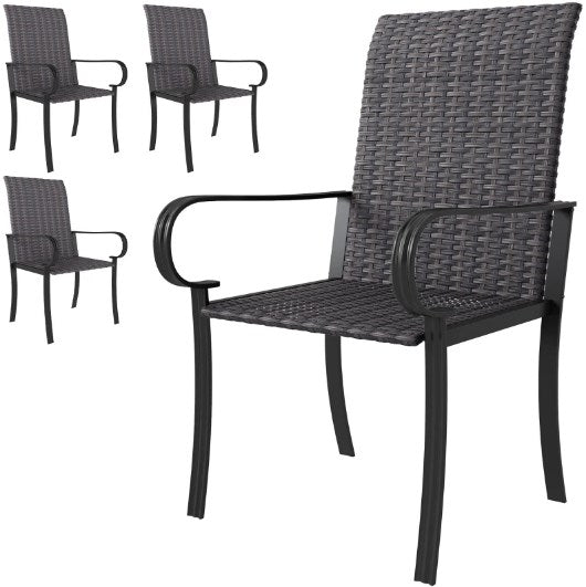 English Elm Set of 4 Pe Rattan High Back Arm Dining Chairs Powder Coated Steel Outdoor Use T3971P429317