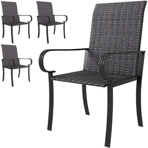 English Elm Set of 4 Pe Rattan High Back Arm Dining Chairs Powder Coated Steel Outdoor Use T3971P429317