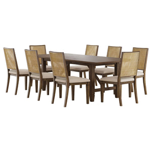 English Elm Jamie 9 Piece Trestle Dining Set with Rattan Back Chairs and Mahogany Veneer Finish B062S01596