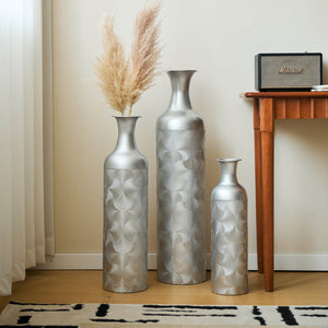 English Elm Silver Metal Floor Vase Trio Etched Wave Pattern Tall Cylinder Set for Modern Decor W2796P386873